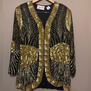 MICHAEL ANTONIO Vintage Silk Disco Glam Gold & Black Sequin Beaded Top